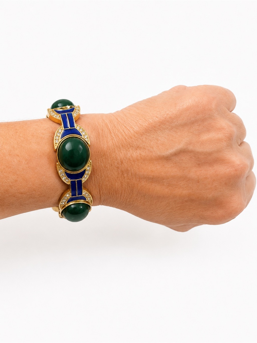 Vintage Ann Taylor Gold Tone Blue Enamel Green Cabochon Rhinestone Bracelet